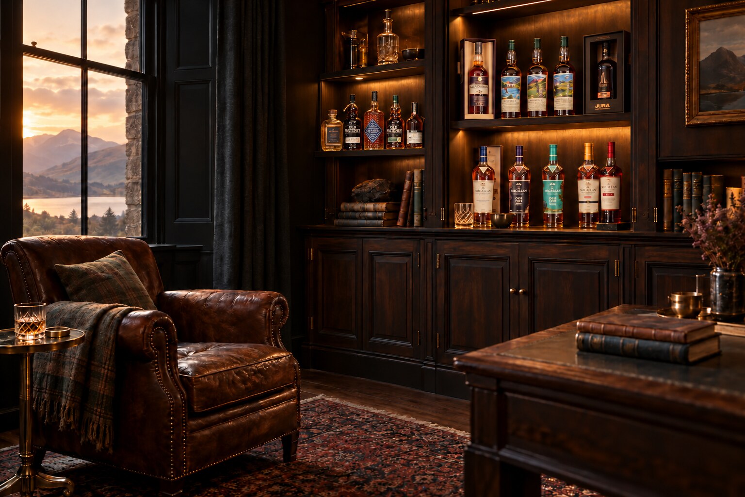 An elegant private room displaying a carefully curated Scotch whisky collection